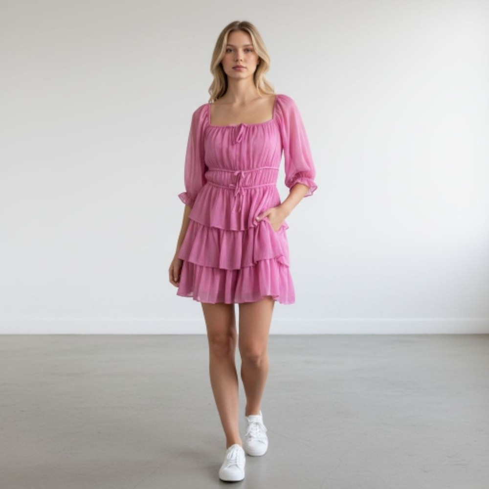 Likely Pink‎ Metallic Ruffle Tiered Square Neck Mini Dress Size 6